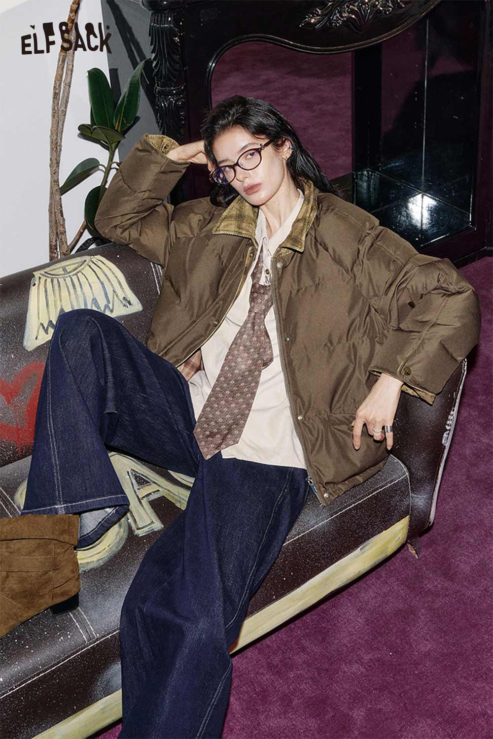 ELFSACK oversized quilted plaid coat styled with wide-leg jeans and a button-up shirt
