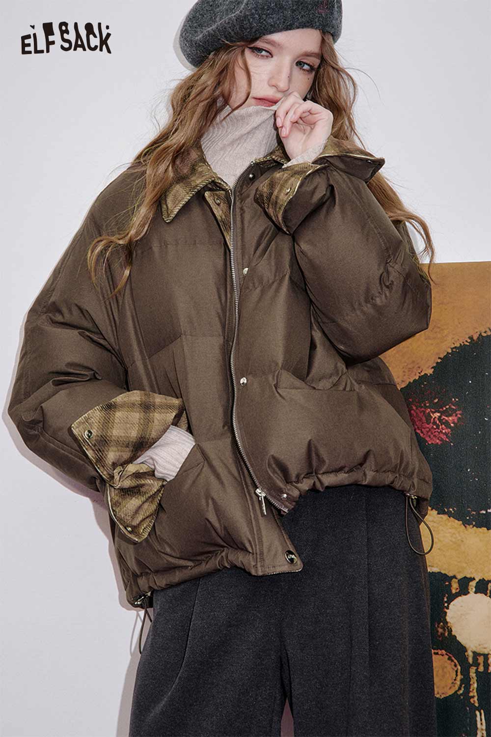 ELFSACK oversized quilted plaid coat in brown with a stylish collar and relaxed fit for casual wear
