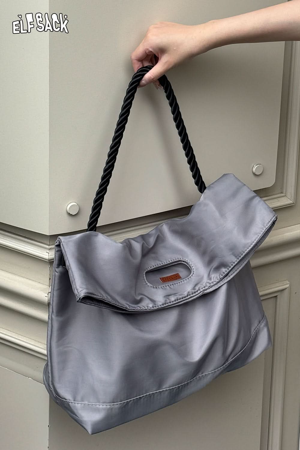 ELFSACK oversized nylon tote bag with a stylish fold-over design and braided handles