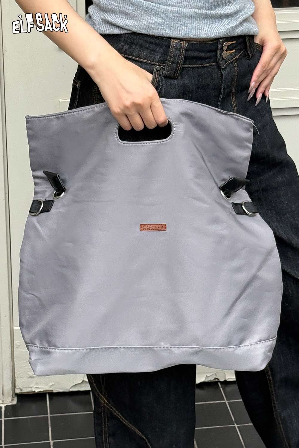 ELFSACK oversized nylon tote bag in gray, featuring sturdy handles and a stylish design for daily use
