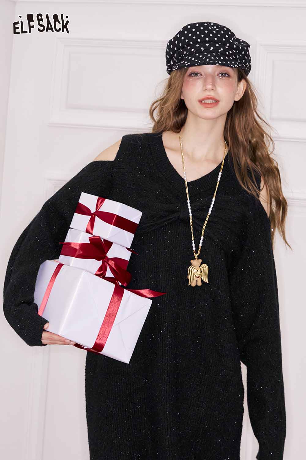 ELFSACK off shoulder heart embellished dress in black with stylish oversized sleeves and elegant charm