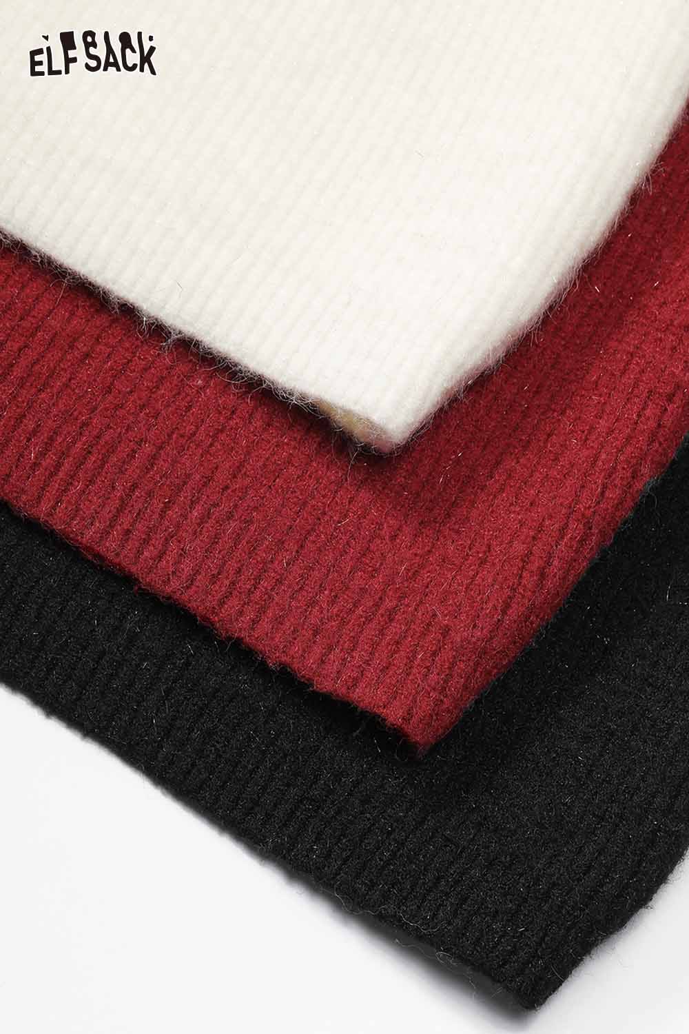 Three colors of cozy knit fabric, including red, white, and black, for crafting an off shoulder heart embellished dress