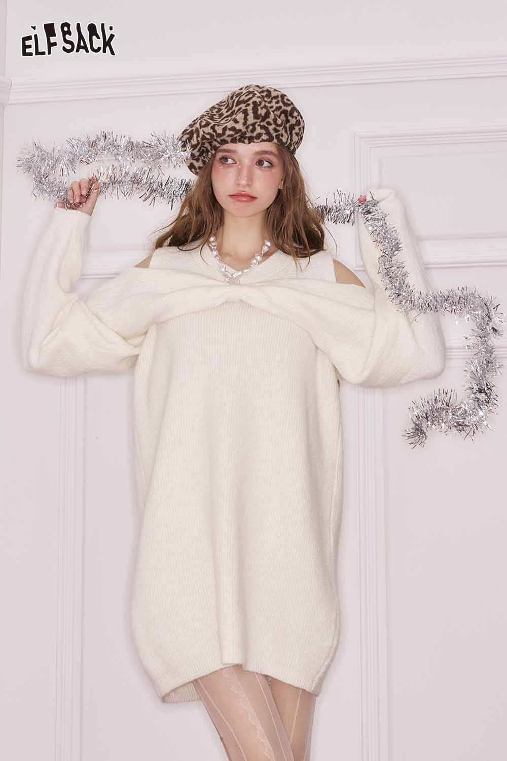 ELFSACK off shoulder heart embellished dress in cream color, featuring stylish cutouts and a cozy fit