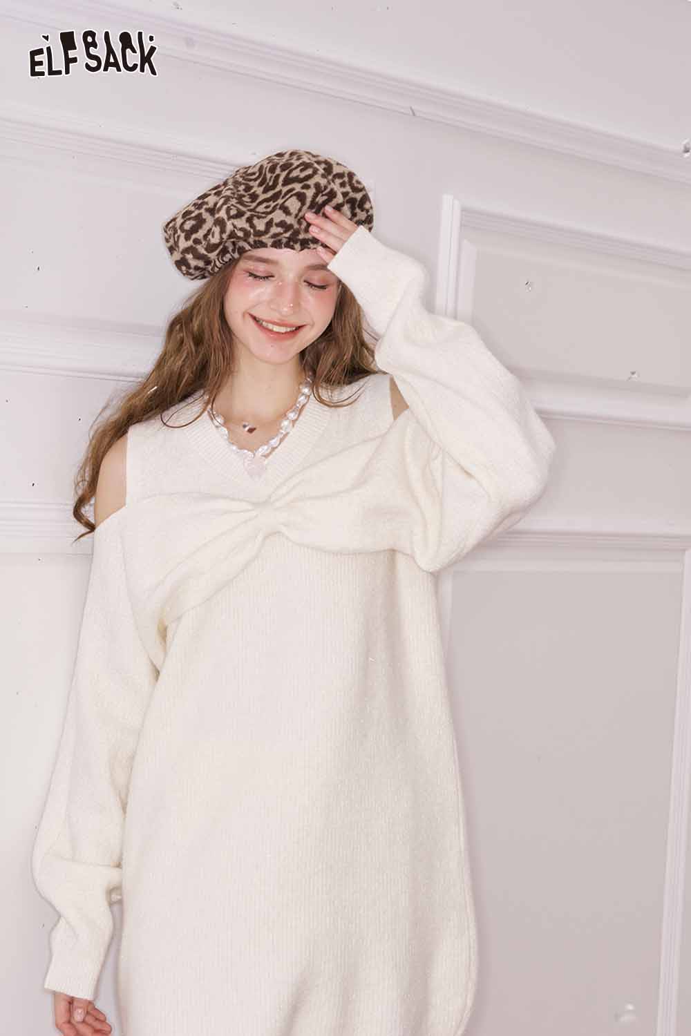 ELFSACK off shoulder heart embellished dress in cream with a twist design and stylish accessories