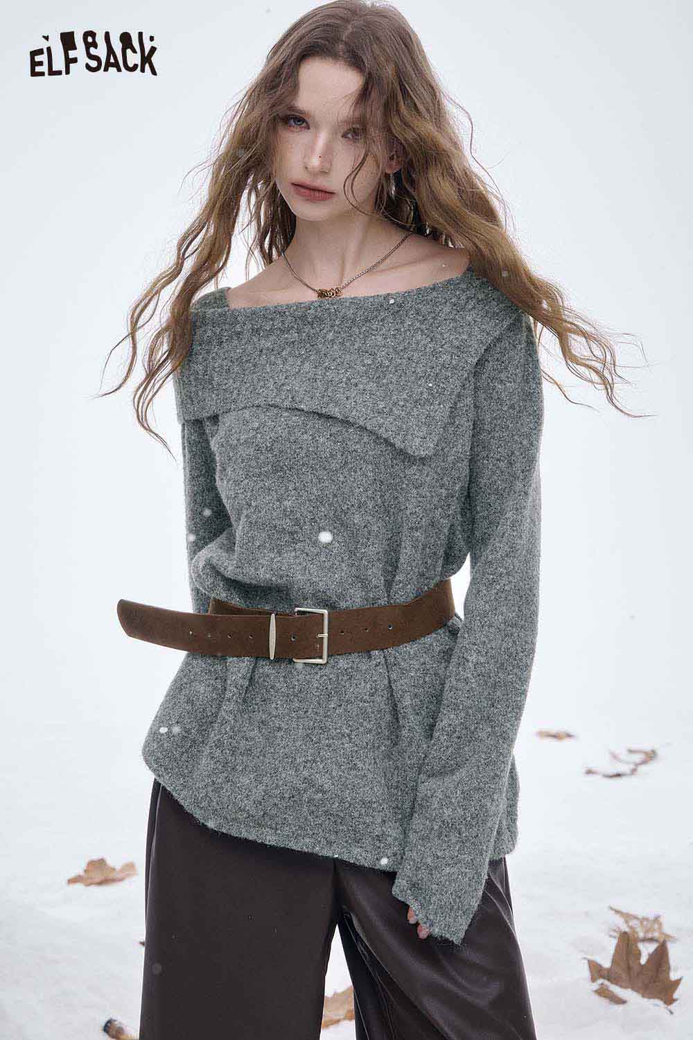 ELFSACK off shoulder knit sweater for women in gray with a stylish belt and trendy design