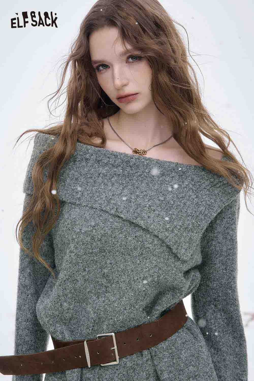 ELFSACK off shoulder knit sweater for women in gray with a stylish ruffle design and a belt