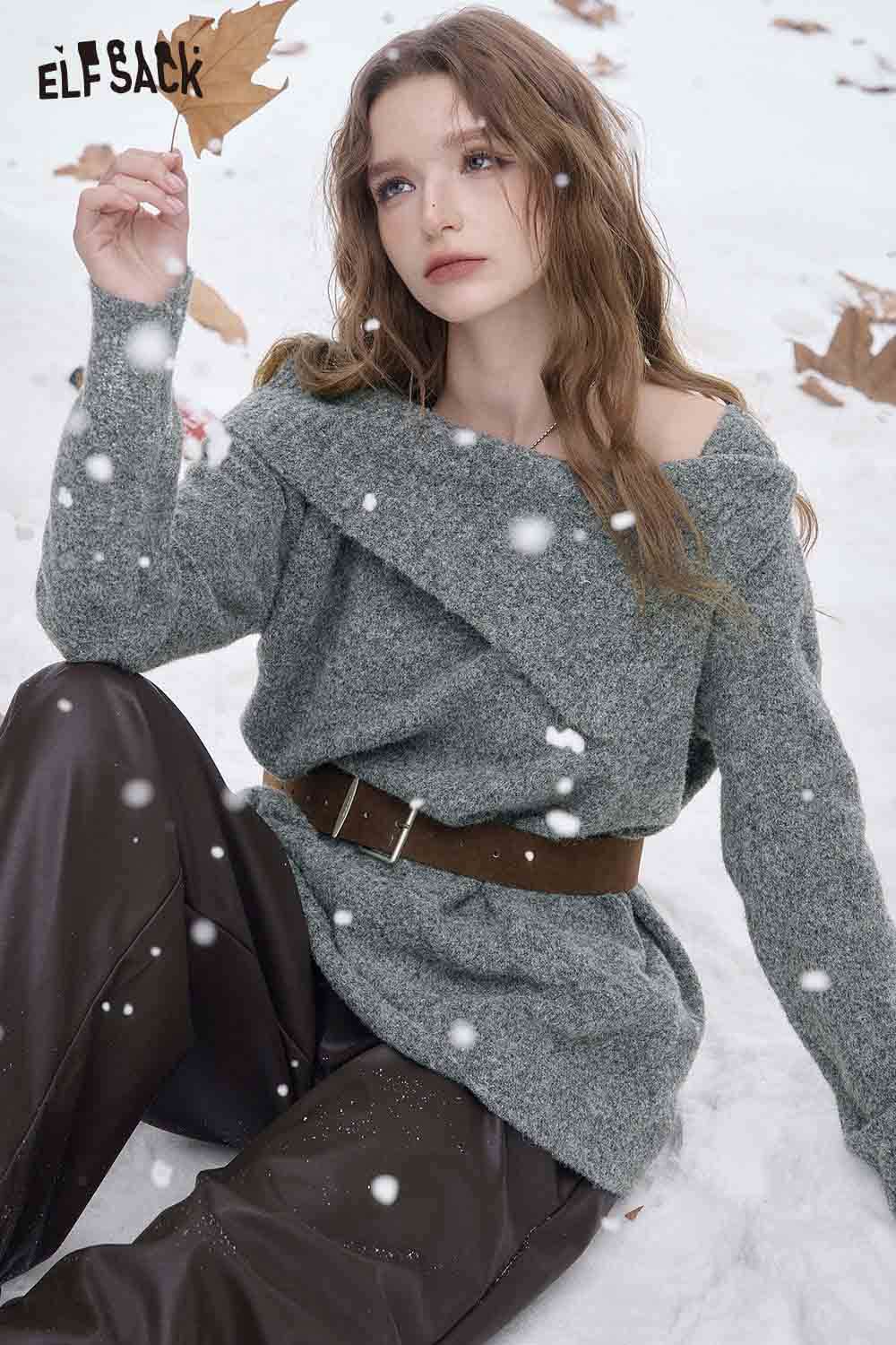 Stylish off shoulder knit sweater for women by ELFSACK, perfect for cold weather fashion