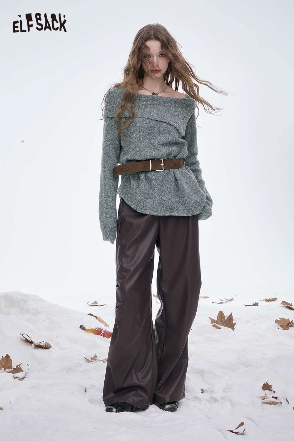 ELFSACK off shoulder knit sweater for women in gray, styled with a belt and wide-leg pants