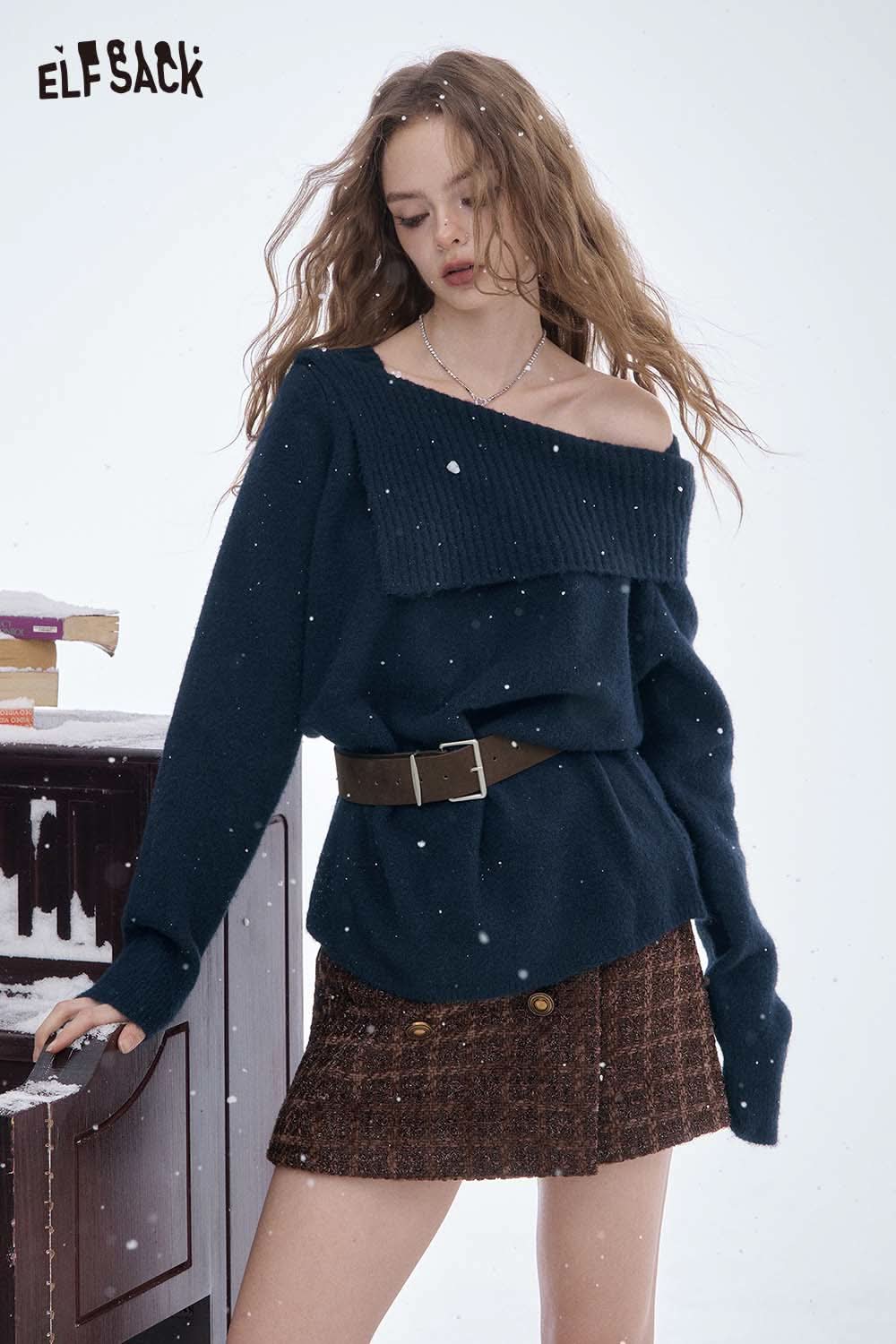 ELFSACK off shoulder knit sweater for women in navy paired with a stylish skirt for a chic winter look