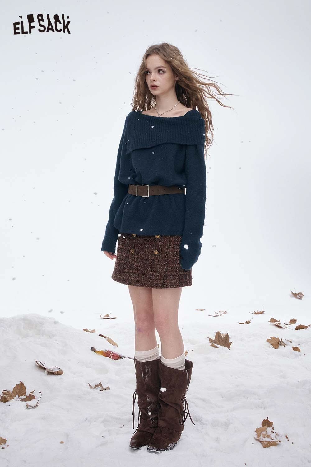 ELFSACK off shoulder knit sweater for women paired with a stylish skirt and winter boots