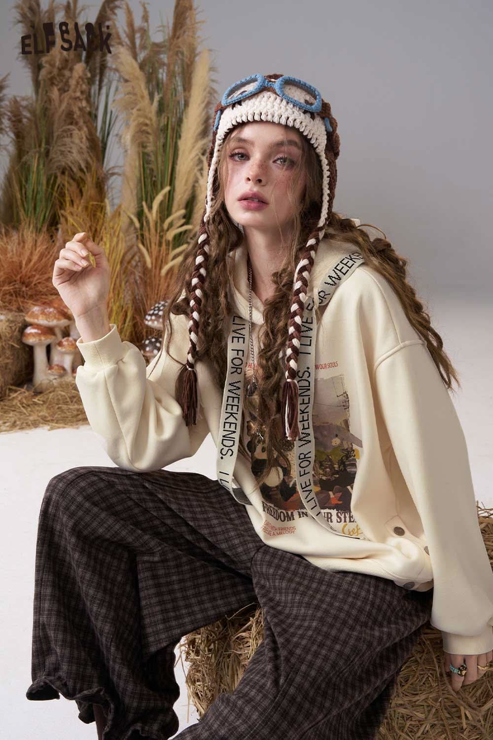 ELFSACK oil painting hoodie for women featuring a stylish graphic design and comfortable fit