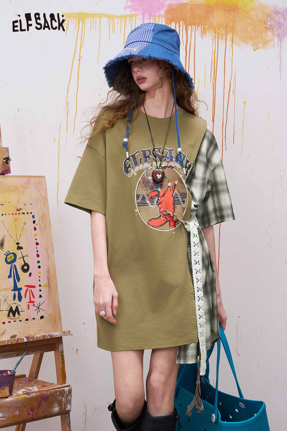 olive green t shirt dress Plaid Patchwork – ELFSACK the Combo T Size:48x32 OFF THE SHOULDER LACE Eva USA