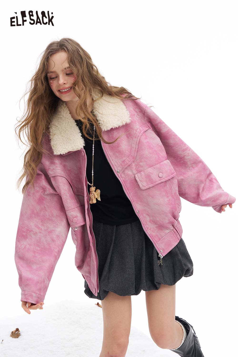 Ombre faux leather jacket for women by ELFSACK in pink with a fluffy collar and oversized fit