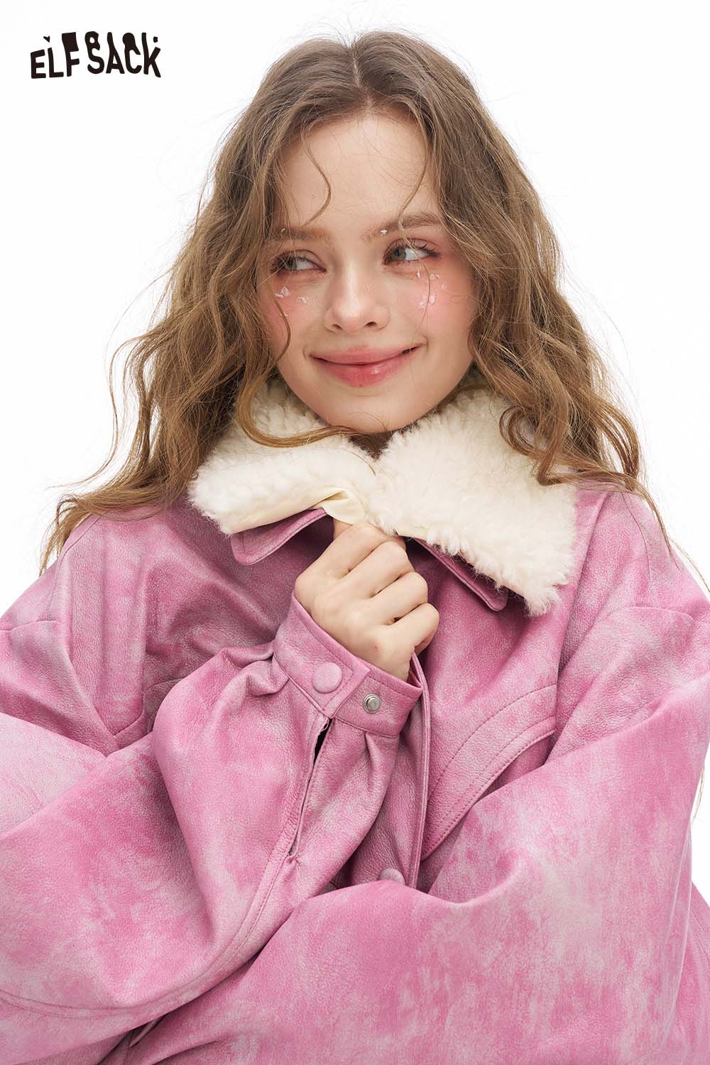 ELFSACK ombre faux leather jacket for women with soft fur collar and relaxed fit