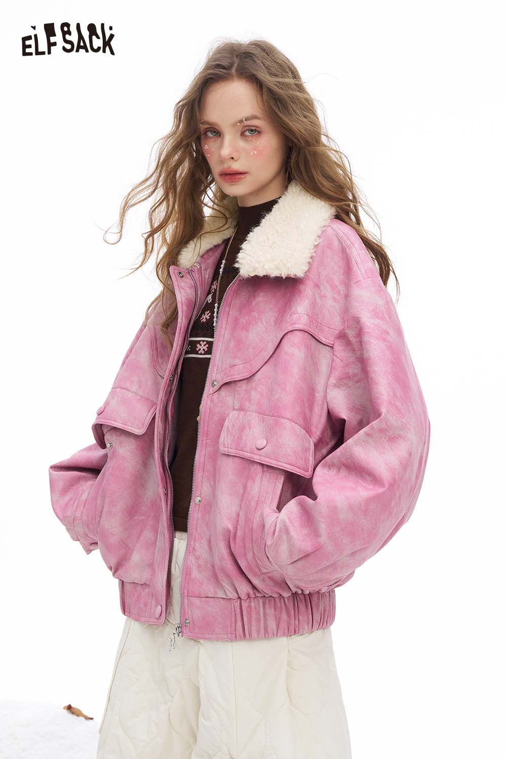 Ombre faux leather jacket for women by ELFSACK with fluffy collar and oversized fit in pink
