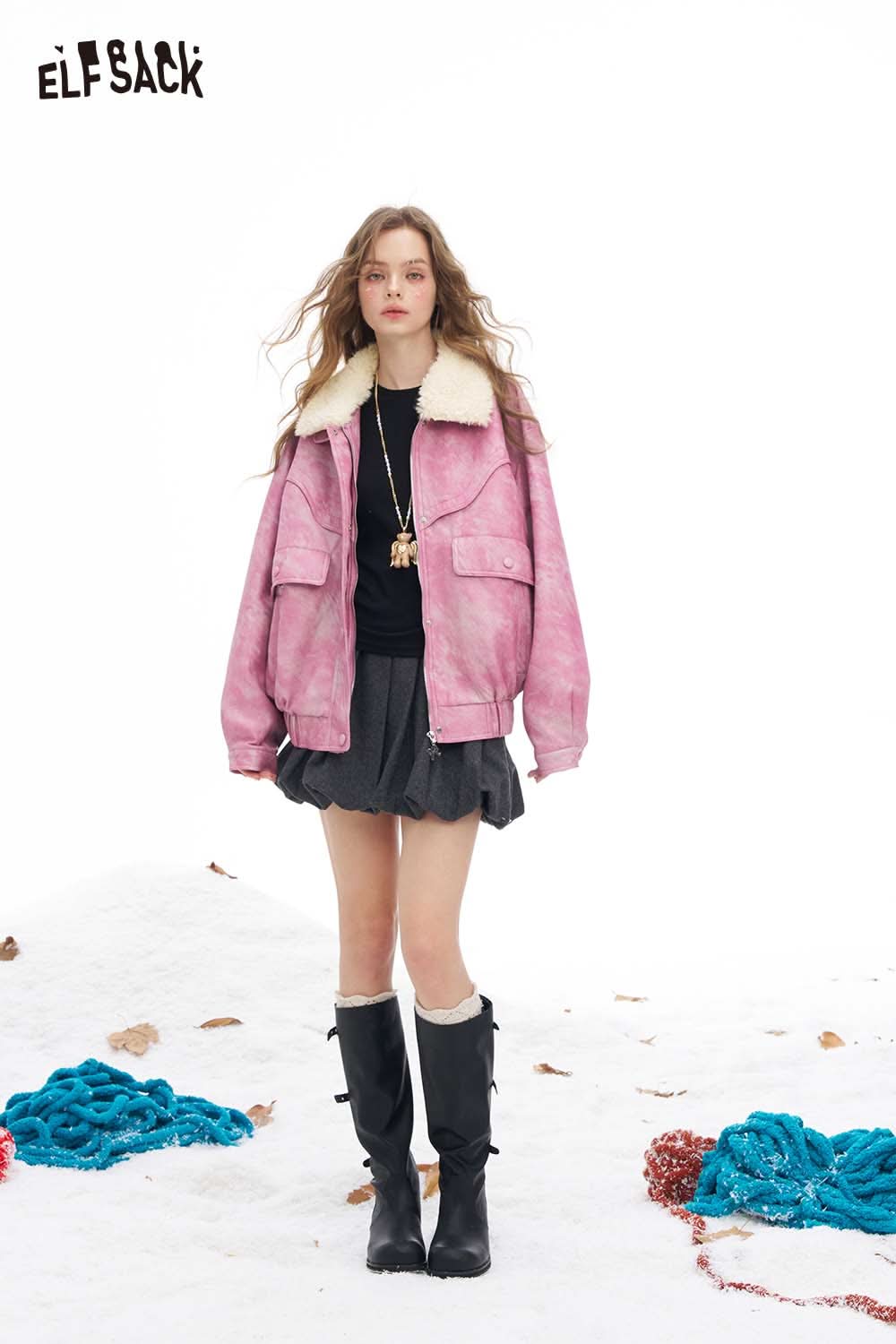 ELFSACK ombre faux leather jacket for women with a cozy fur collar, perfect for stylish winter outfits