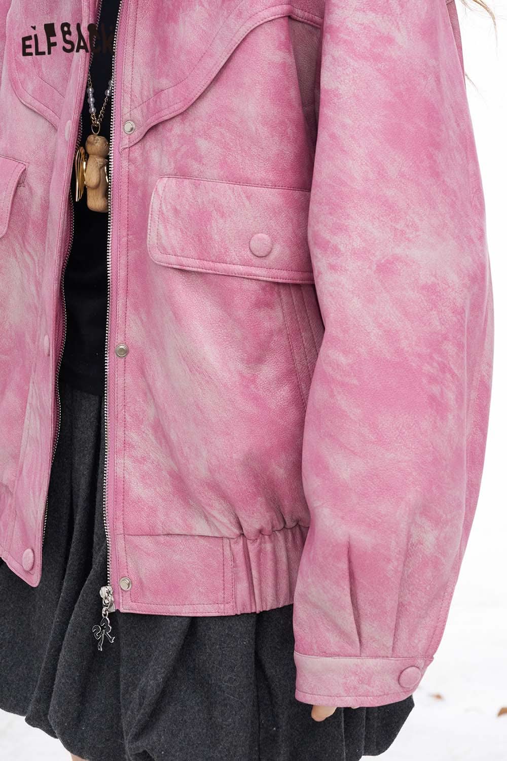 ELFSACK ombre faux leather jacket for women in pink with a relaxed fit and button pockets