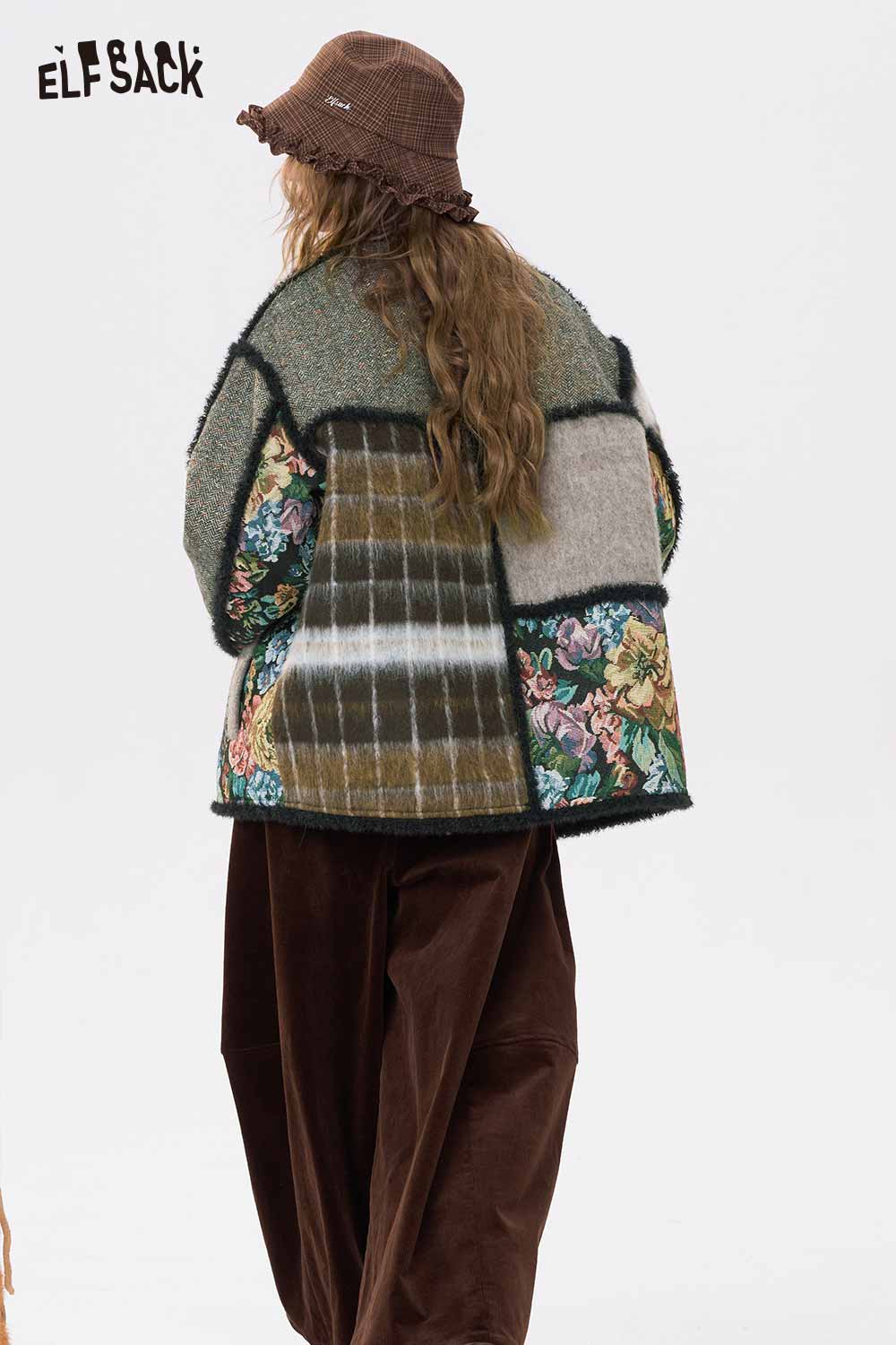 ELFSACK oriental patchwork floral coat featuring a unique design and vibrant colors for a stylish winter look