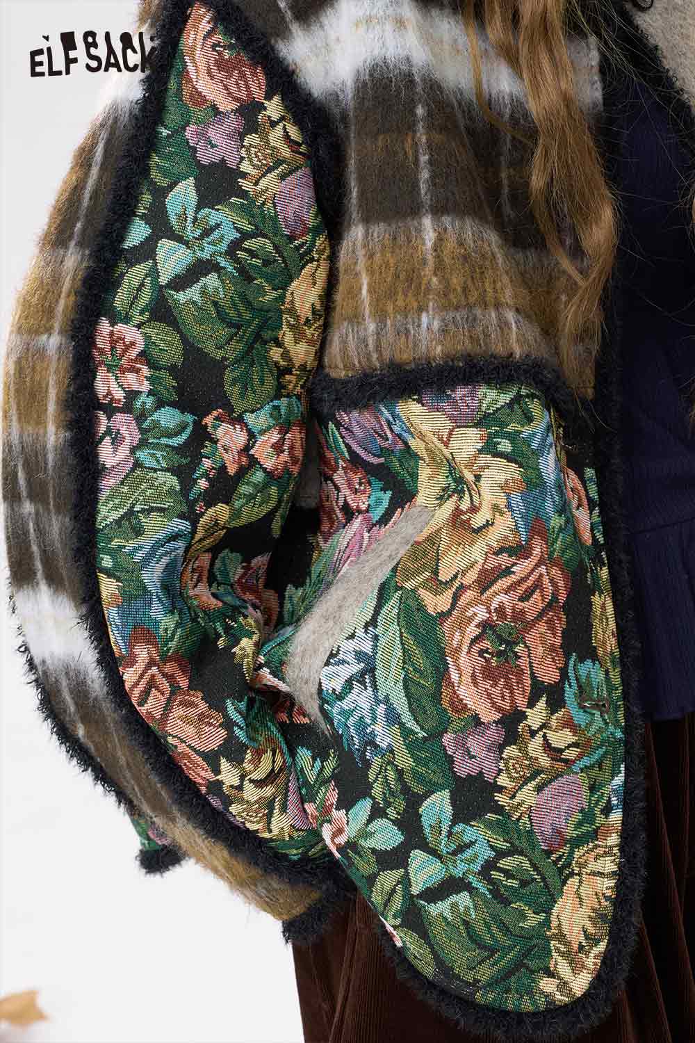 ELFSACK oriental patchwork floral coat featuring intricate floral embroidery and a cozy design