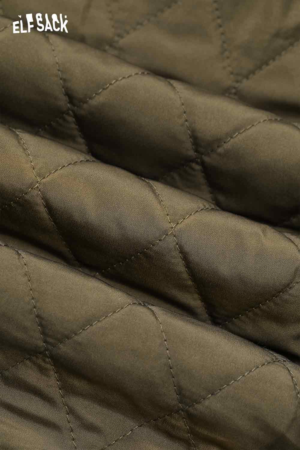 ELFSACK Oriental patchwork floral coat featuring a quilted design in a rich olive color