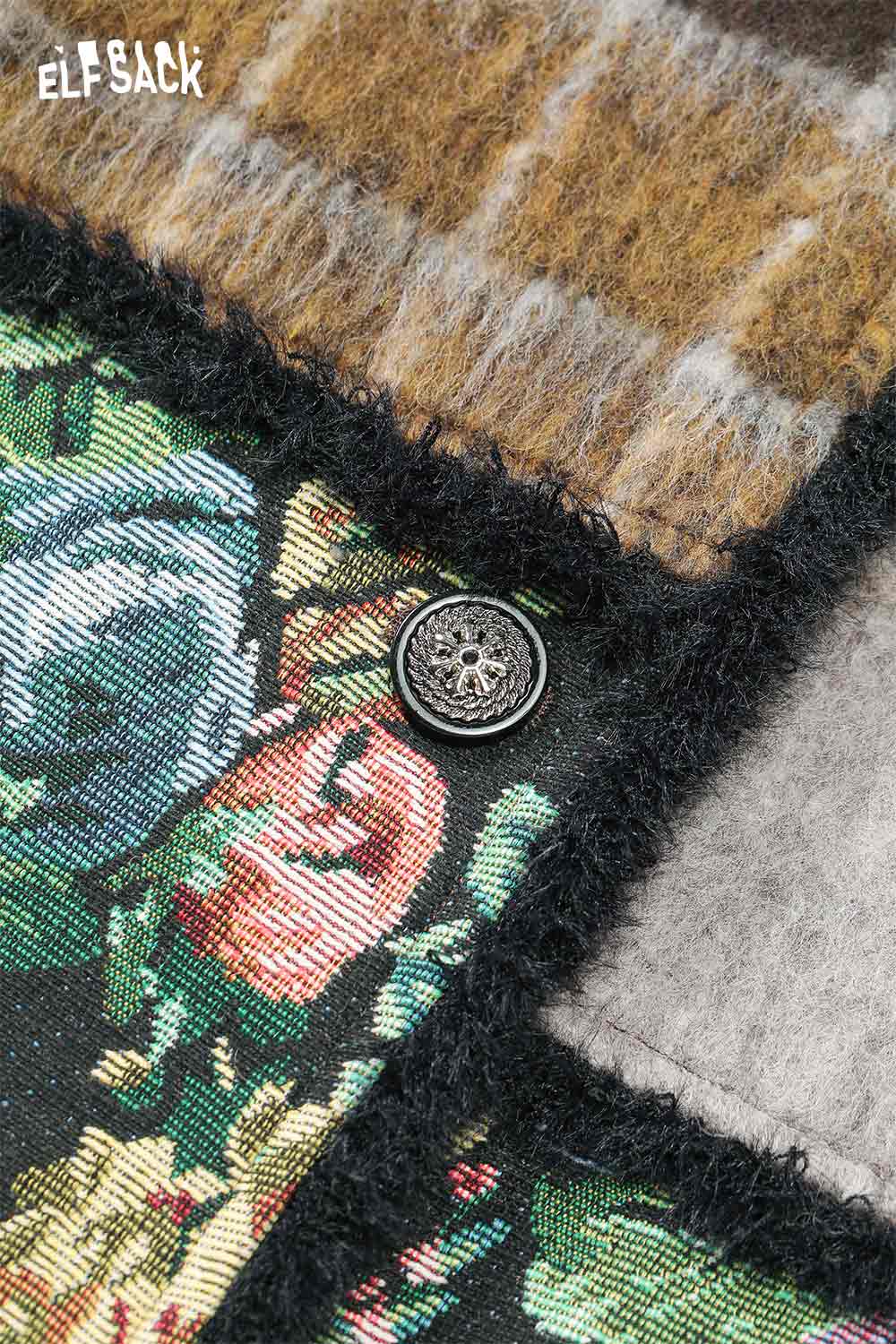 Close-up of ELFSACK oriental patchwork floral coat detail featuring vibrant floral patterns and unique textures