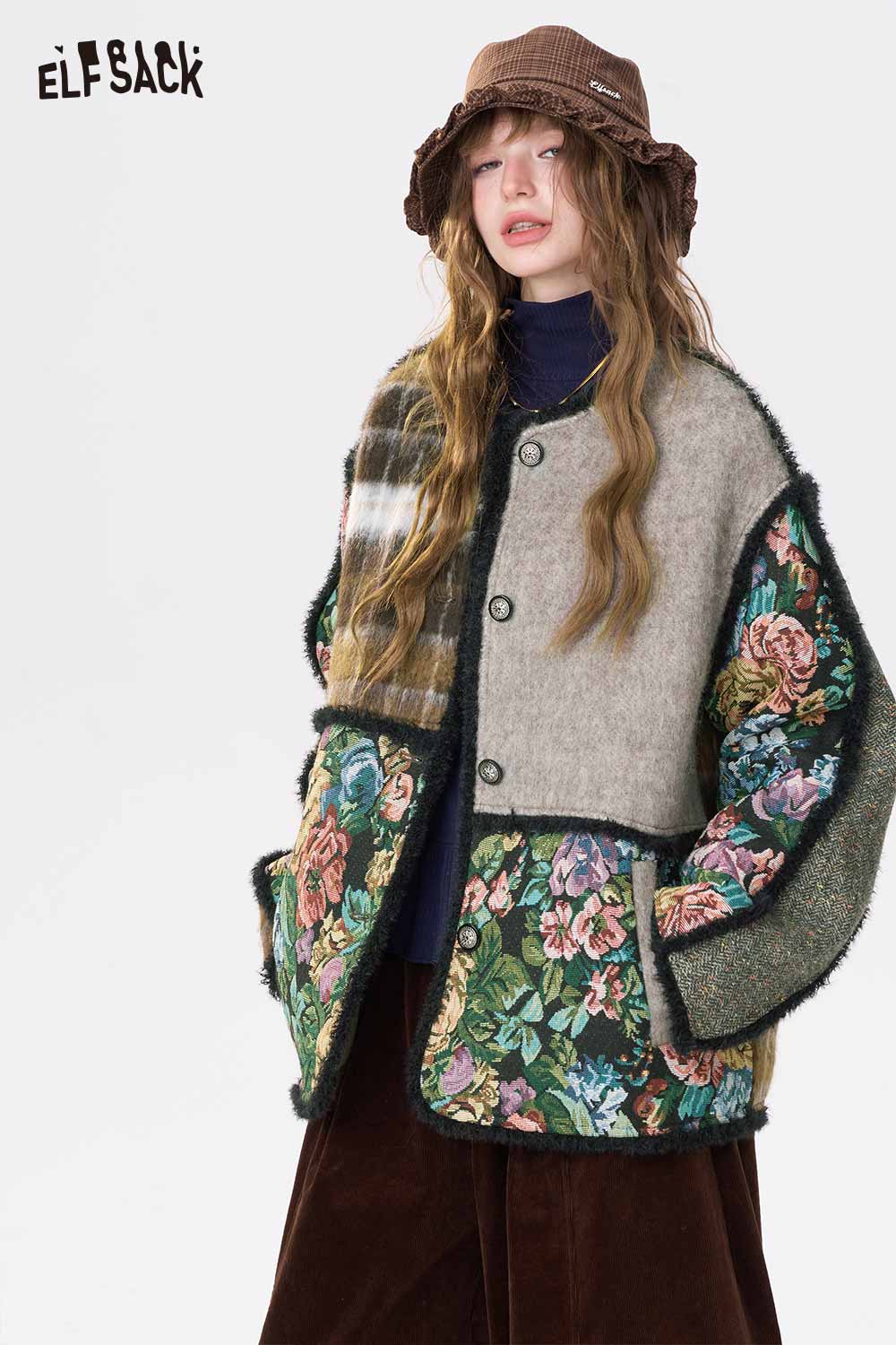 ELFSACK oriental patchwork floral coat featuring vibrant floral designs and cozy wool fabric