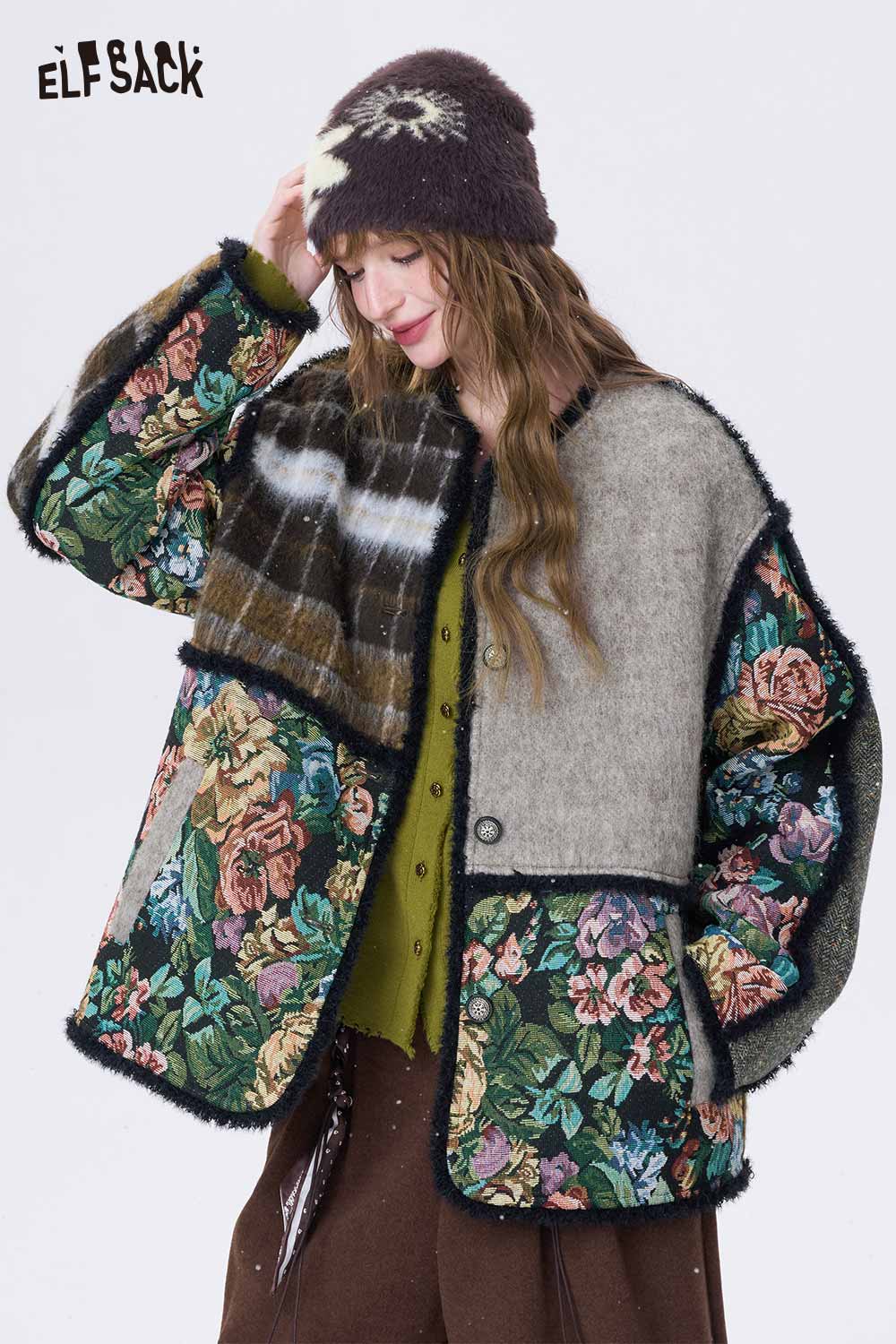 ELFSACK oriental patchwork floral coat featuring vibrant floral patterns and mixed textures for a stylish look