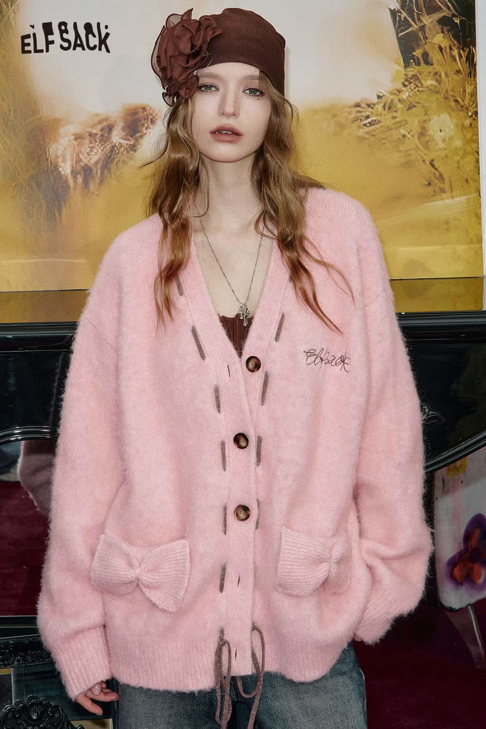 ELFSACK oversized 3D bow knit cardigan in soft pink with large pockets and button closure