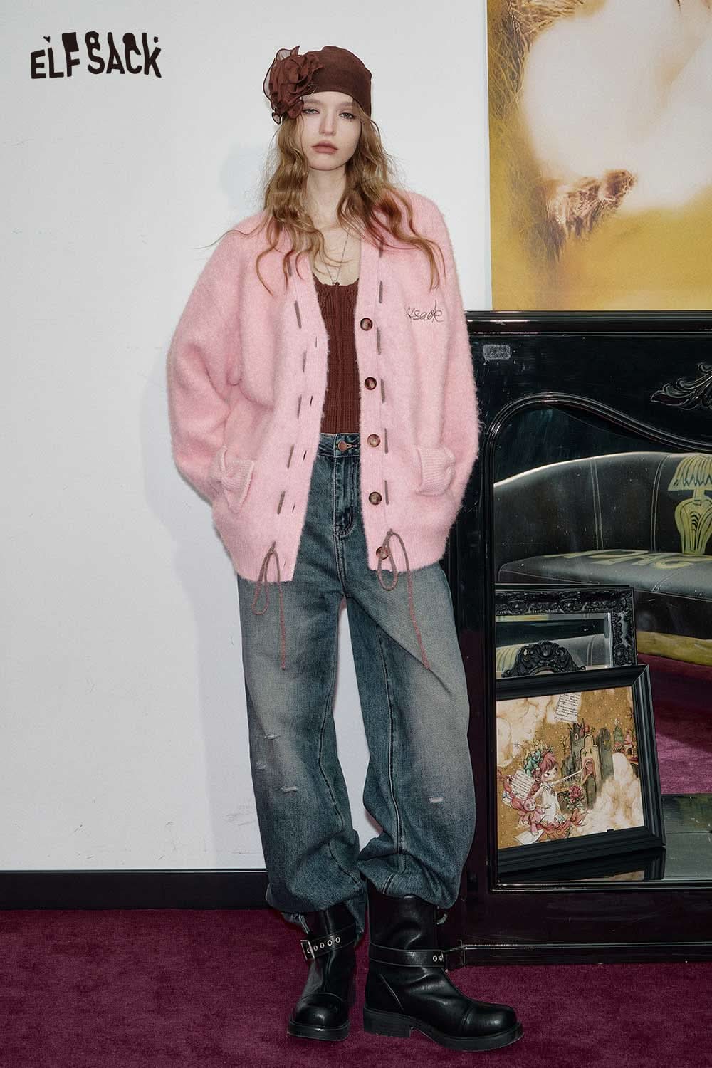 ELFSACK oversized 3D bow knit cardigan in pink with button closure for a cozy winter look