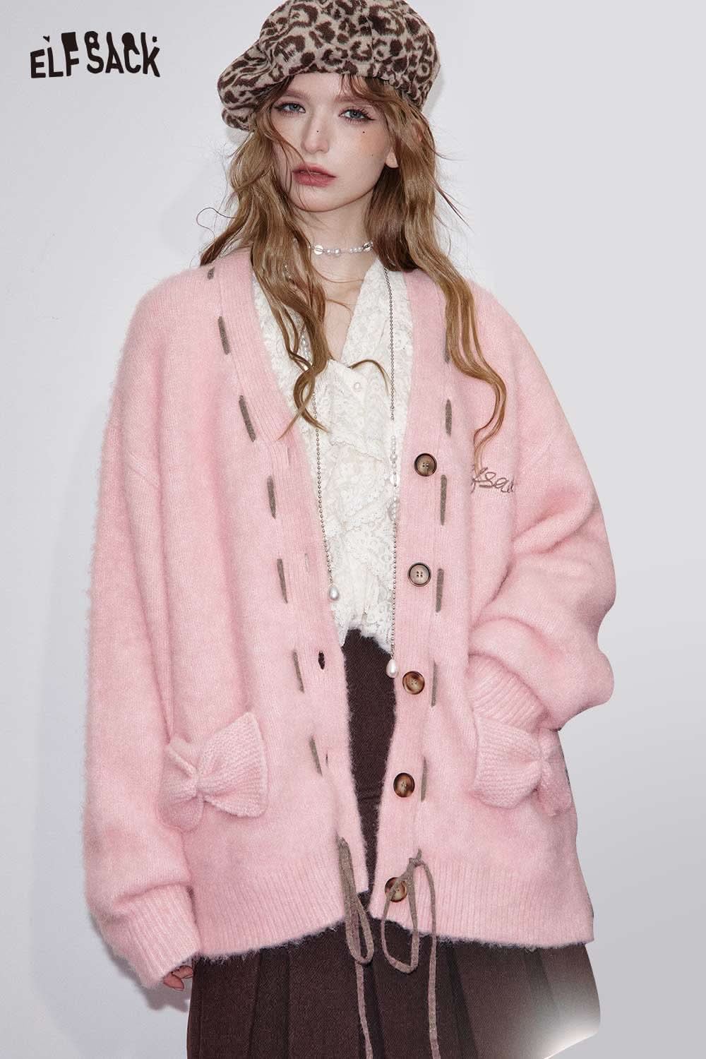 ELFSACK oversized 3D bow knit cardigan in soft pink with button closure and cozy pockets