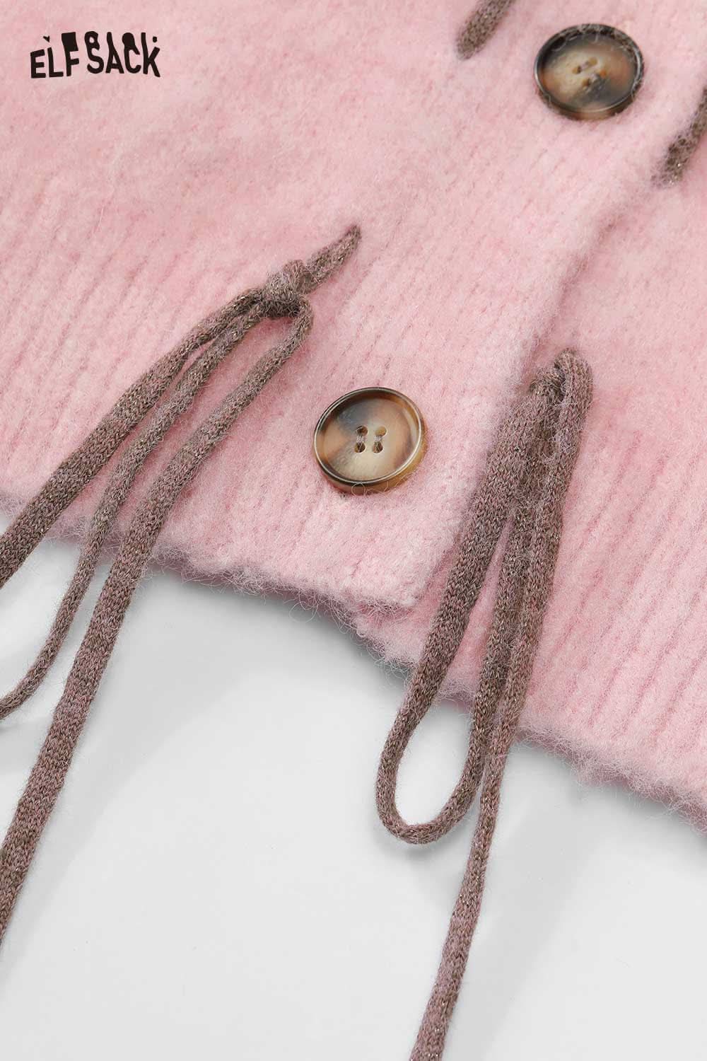 ELFSACK oversized 3D bow knit cardigan in soft pink with button details and stylish ties