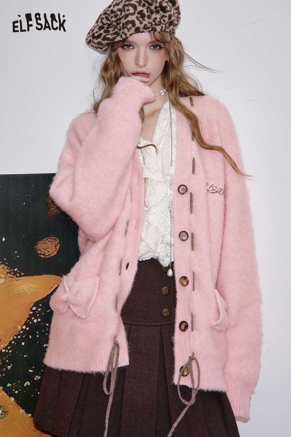 ELFSACK oversized 3D bow knit cardigan in soft pink, featuring large pockets and button details