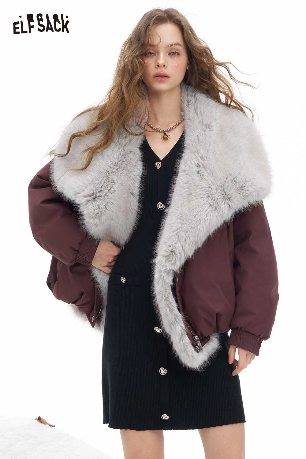 ELFSACK oversized plush down jacket women with a stylish fur collar, perfect for winter fashion