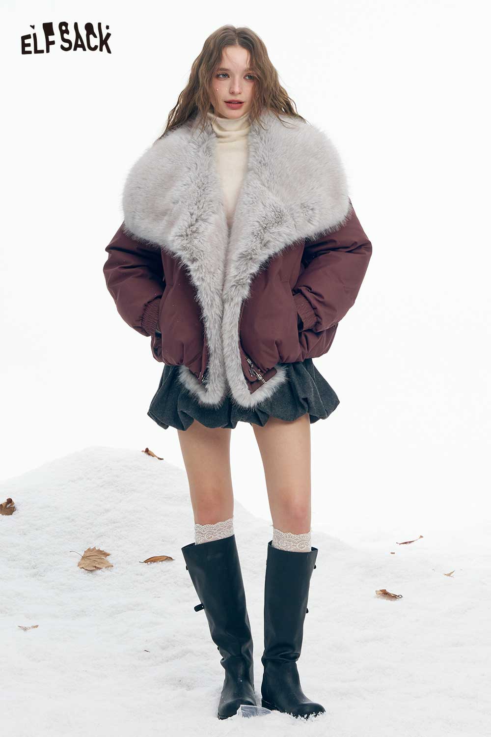 ELFSACK oversized plush down jacket women with fur collar, perfect for warm winter style