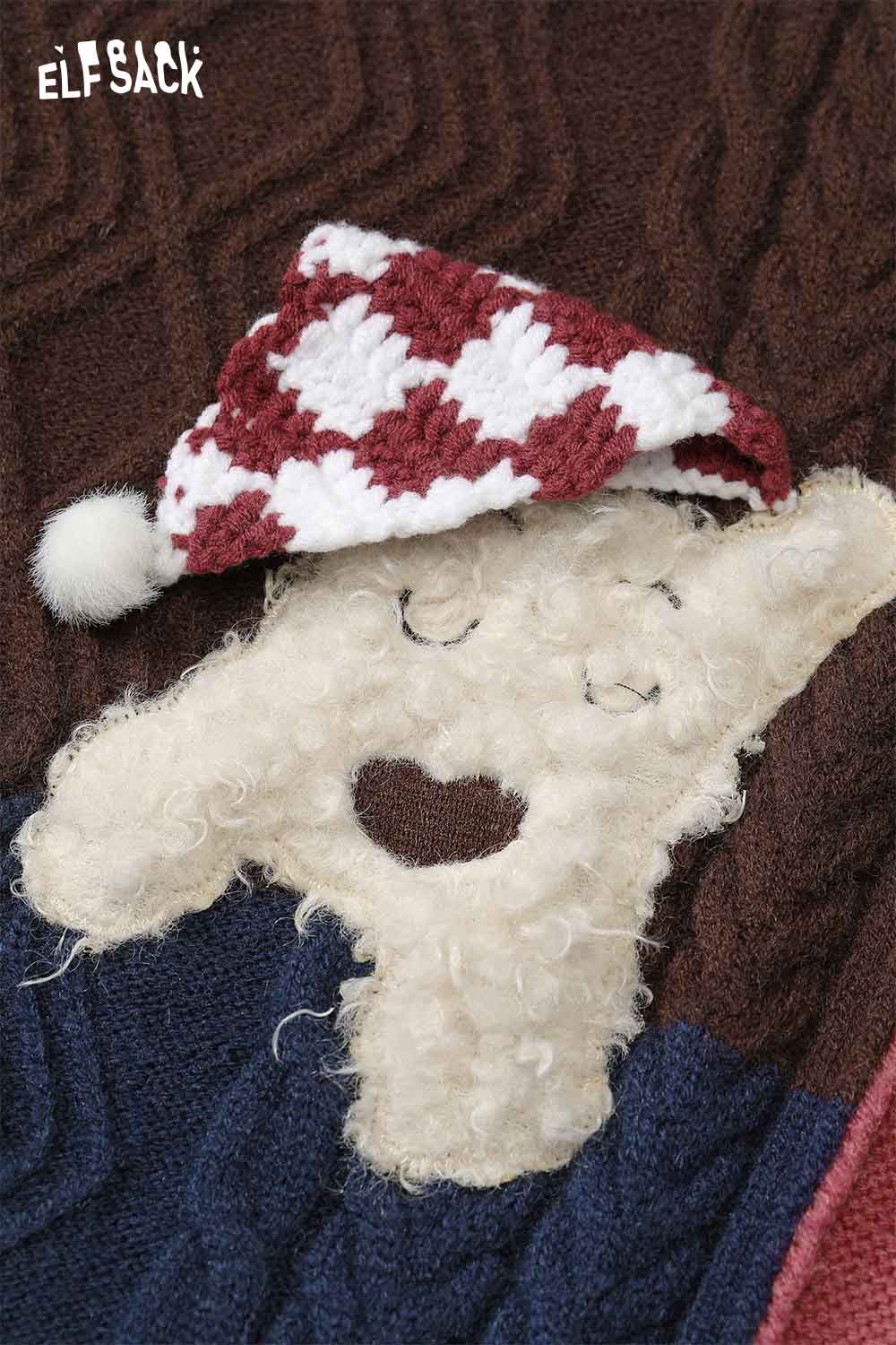 Cozy patchwork animal graphic sweater featuring a playful bear design with a festive hat