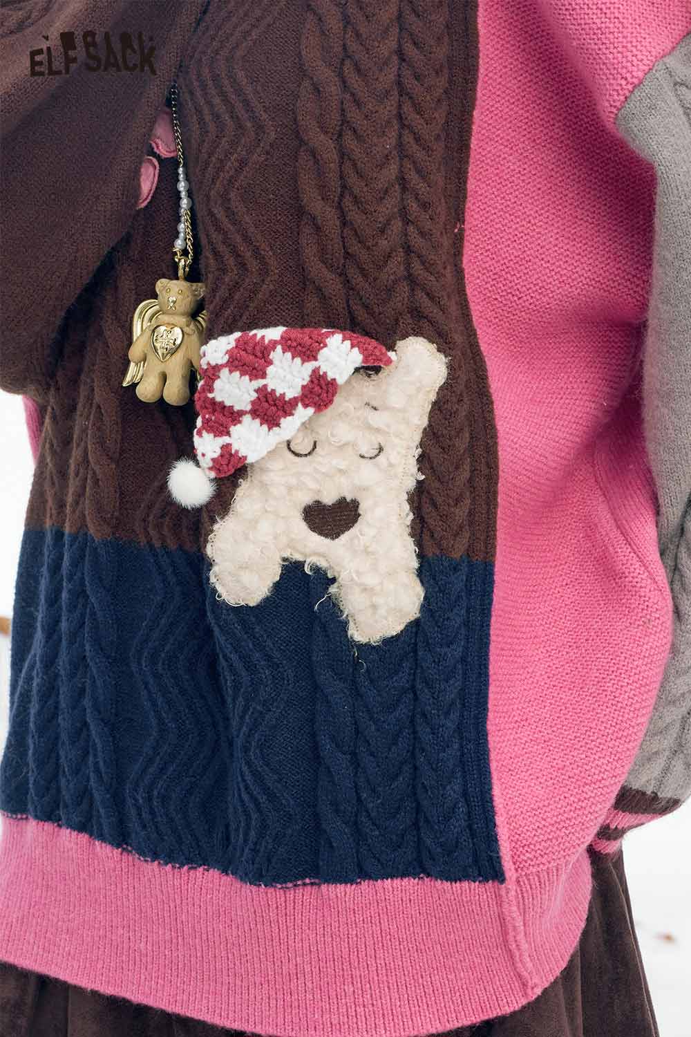 ELFSACK patchwork animal graphic sweater with a cute teddy bear design and colorful knit patterns