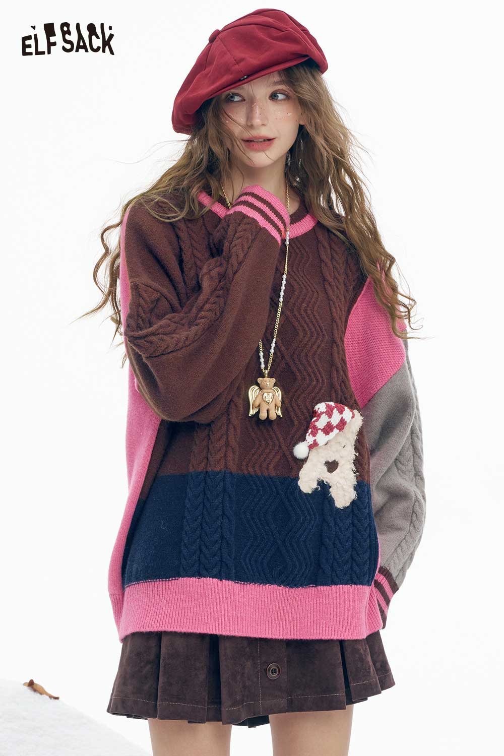 ELFSACK patchwork animal graphic sweater in vibrant colors with unique bear design and cozy knit pattern