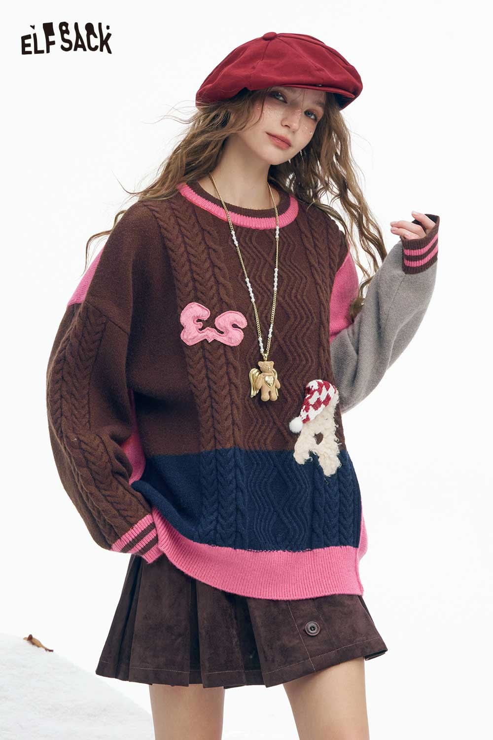 ELFSACK patchwork animal graphic sweater in brown and pink with unique design and long sleeves