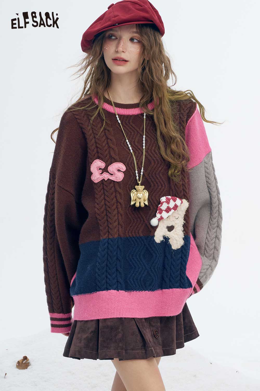 ELFSACK patchwork animal graphic sweater with colorful patterns and playful designs for casual style