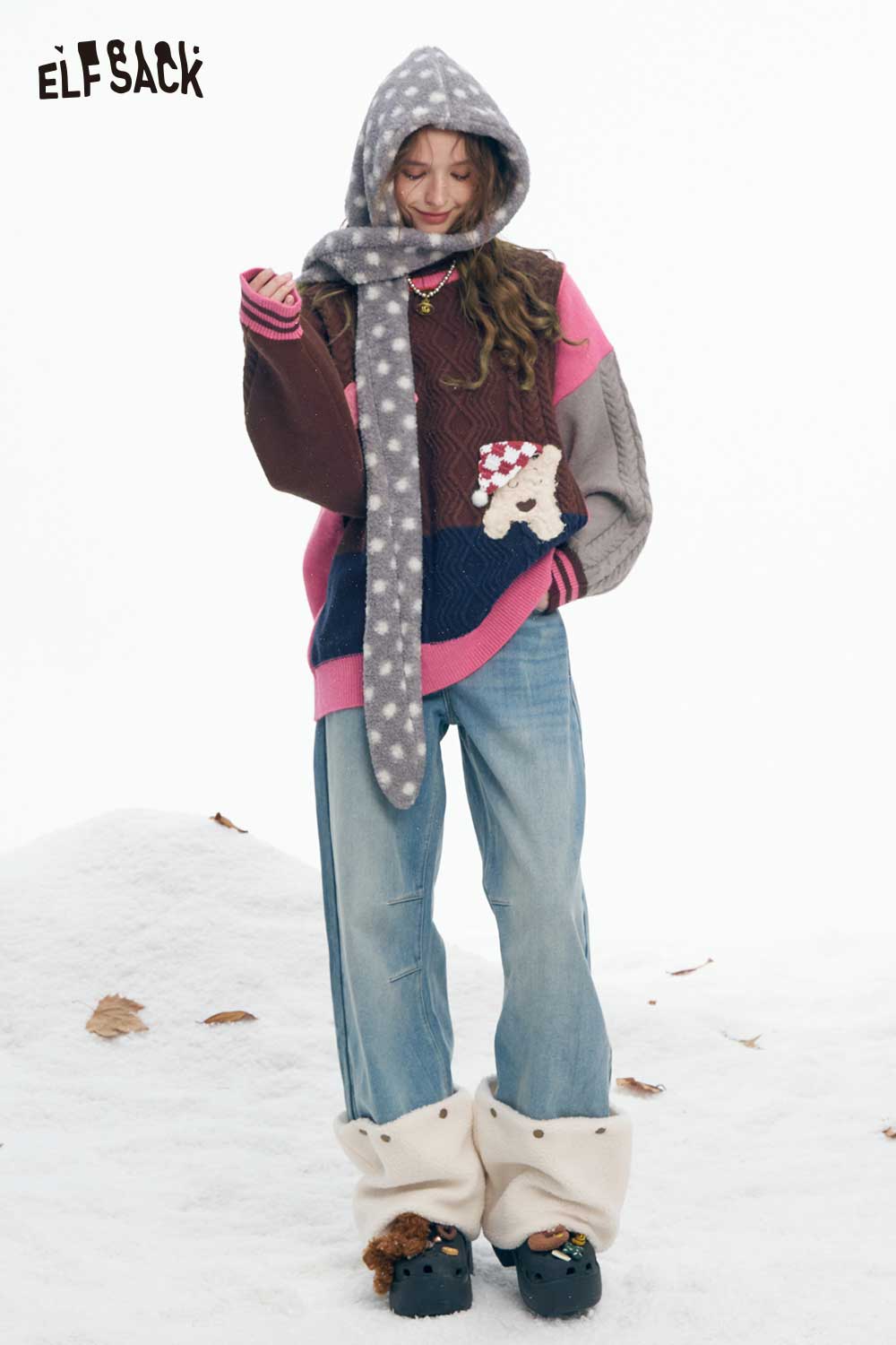 ELFSACK patchwork animal graphic sweater with hood and colorful design, paired with casual jeans