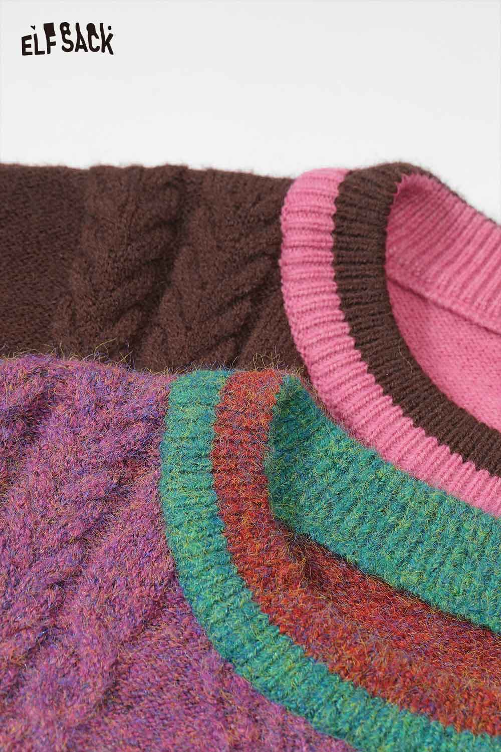 ELFSACK patchwork animal graphic sweater featuring colorful knitted textures and unique collar designs