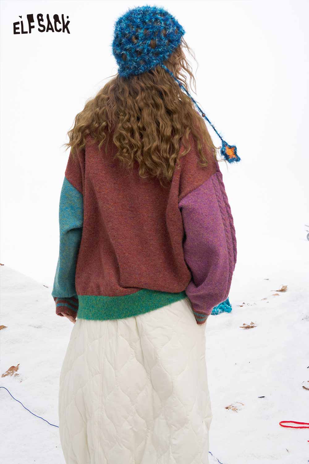 ELFSACK patchwork animal graphic sweater in colorful design, perfect for casual winter wear