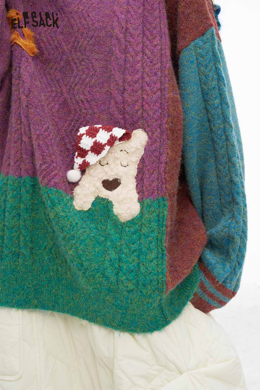 ELFSACK patchwork animal graphic sweater featuring colorful knit design and playful bear patch