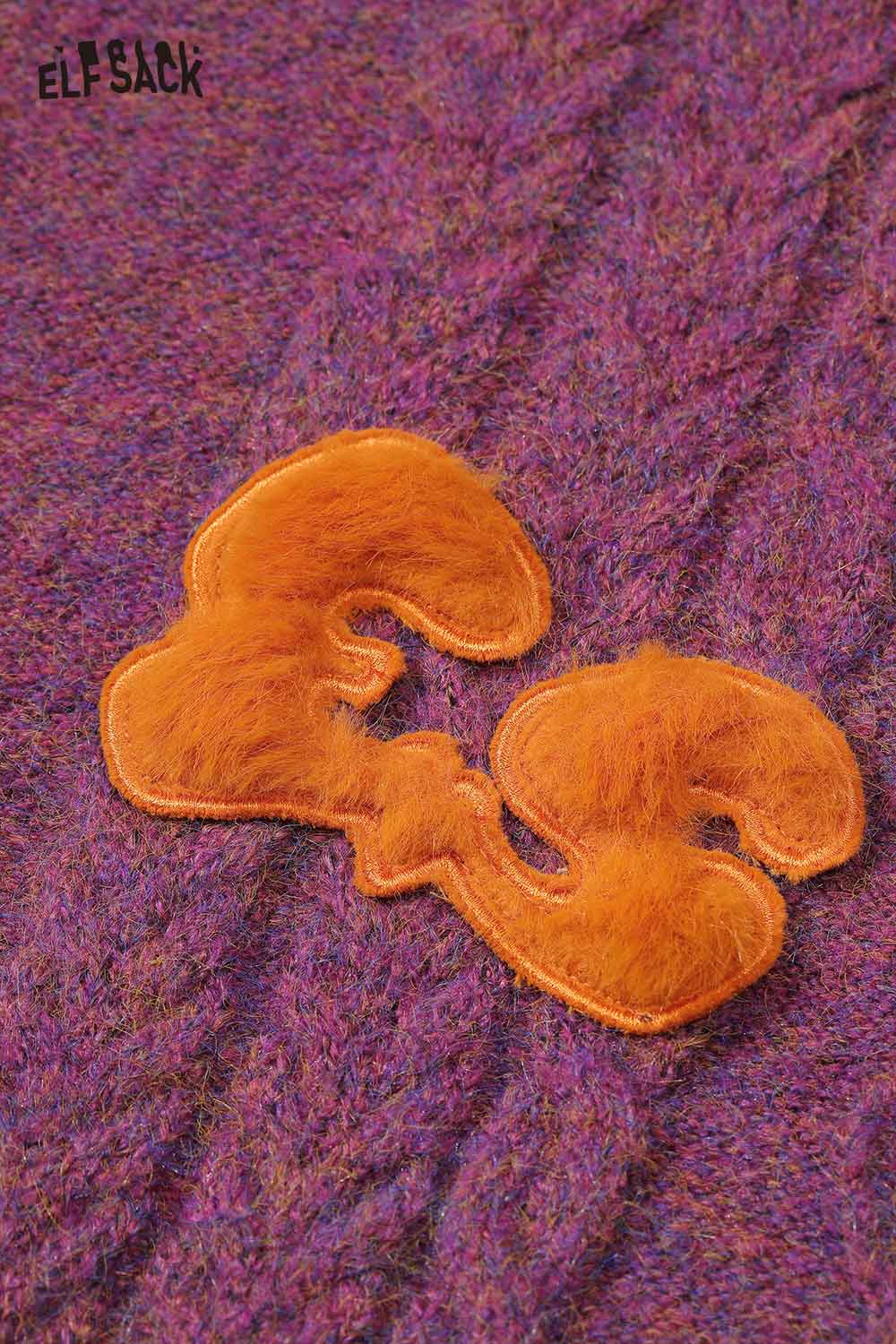 ELFSACK patchwork animal graphic sweater featuring a vibrant purple color and unique animal design