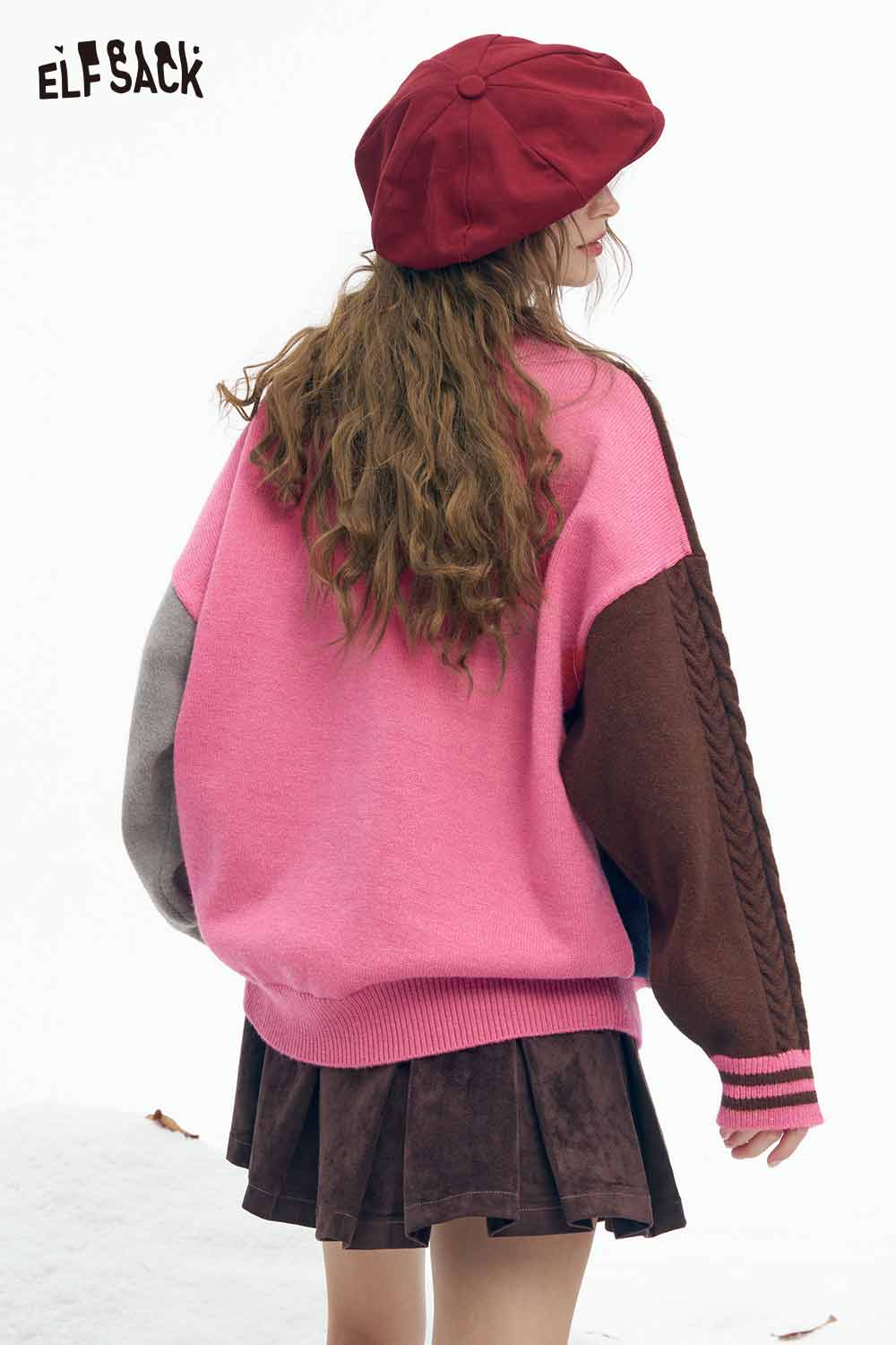ELFSACK patchwork animal graphic sweater in pink and brown with stylish oversized fit
