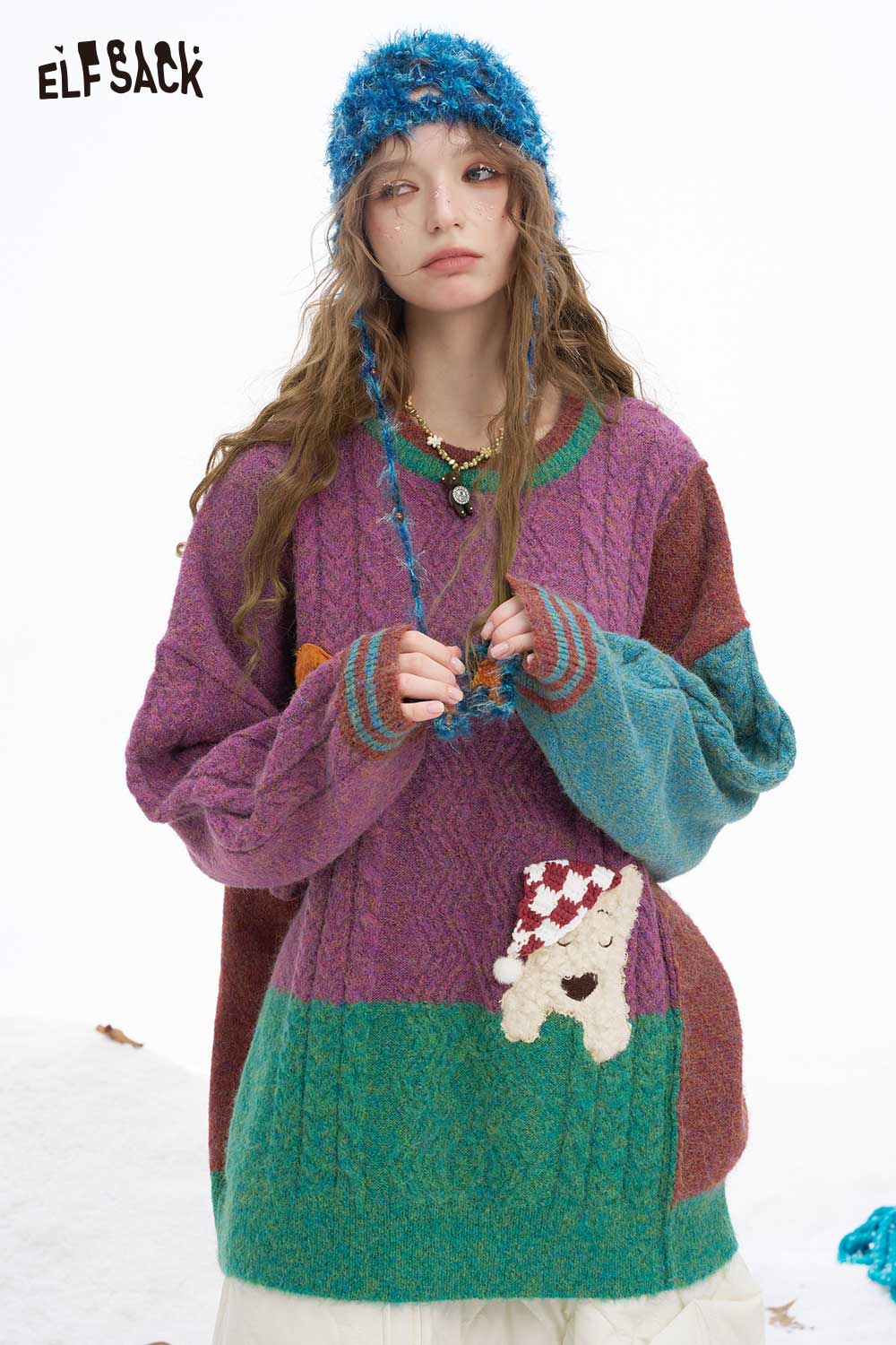 ELFSACK patchwork animal graphic sweater in vibrant colors with oversized fit and playful design