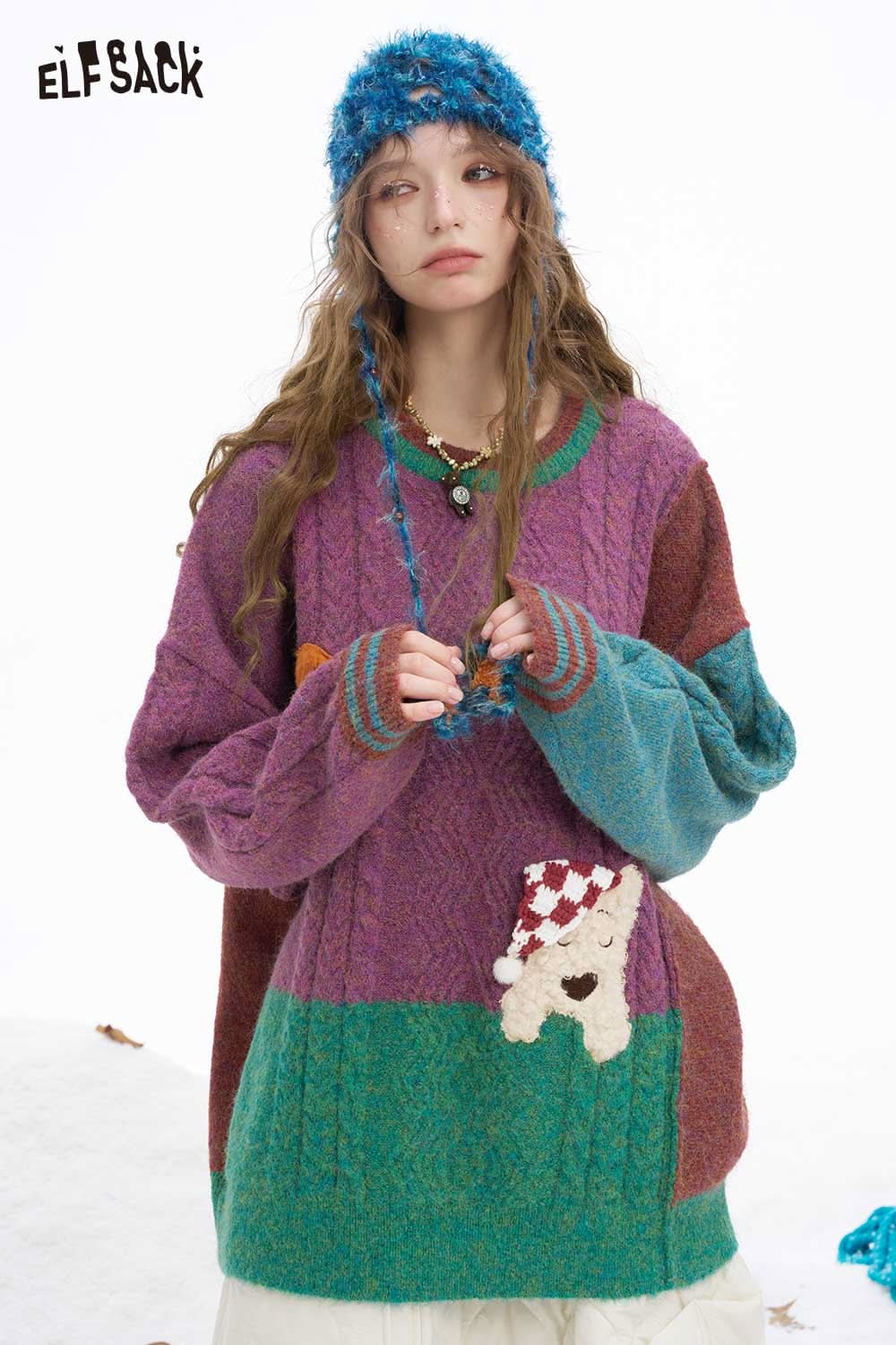 ELFSACK patchwork animal graphic sweater in vibrant colors with oversized fit and playful design