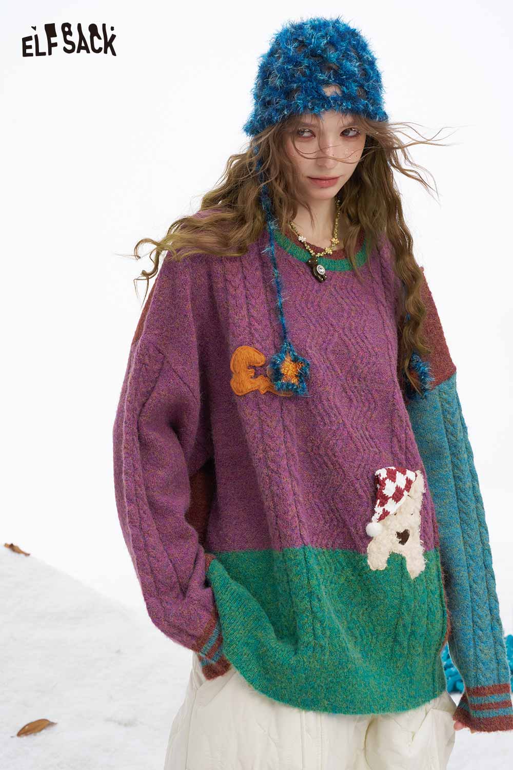 ELFSACK patchwork animal graphic sweater in vibrant colors with unique designs and a cozy fit