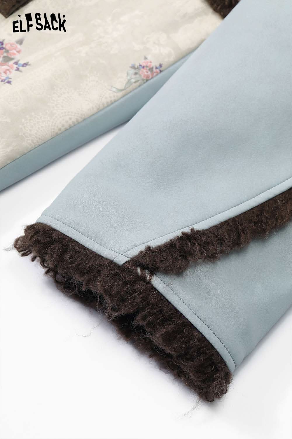 ELFSACK patchwork plush trim coat featuring soft fabric and detailed stitching for stylish layering