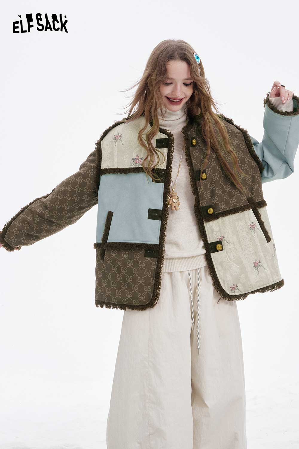ELFSACK patchwork plush trim coat with a unique design and textured fabric for a trendy look